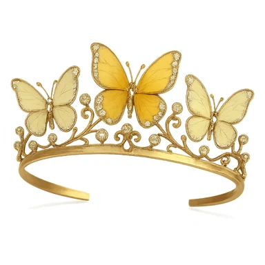 butterfly crown with a golden yellow base, just two or three butterflies in pastel and deep yellow enamel, sparkling gems sticker