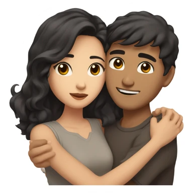 A pale half Asian man with short dark hair and amber eyes embracing and loving a half Asian woman with long wavy dark hair and dark hazel eyes. They love each other a lot And have good fashion taste and are hugging each other tight  sticker