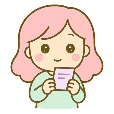 Edit the image to show the woman checking out a receipt, holding a receipt and looking at it, in the same kawaii chibi anime style with flat pastel colors, thick outlines, and simple cute features. Keep the background transparent. sticker