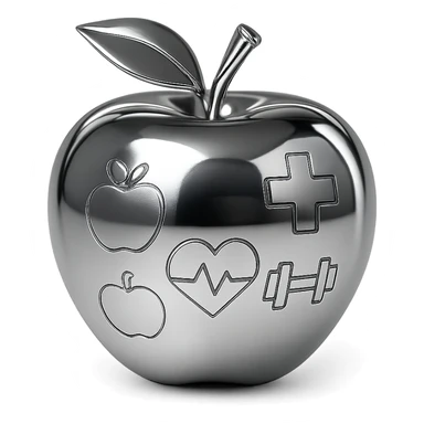 stylized chrome apple, shiny and futuristic, representing health sticker