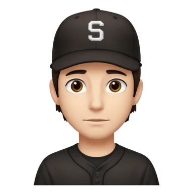 male, dark brown hair, dark brown eyes, fair skin, black baseball hat, no smile sticker