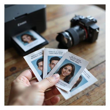 realistic thumbnail for a passport photo printing service, featuring a hand holding several printed passport photos with a camera and printer in the background sticker