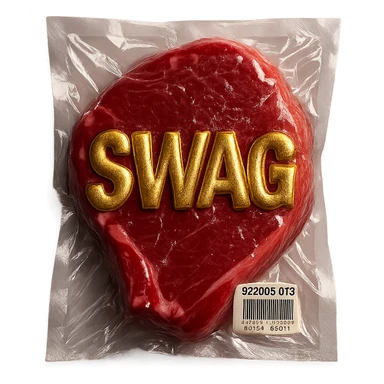 juicy steak with shiny gold 'SWAG' text across the surface, shiny and inflated vacuum-sealed style sticker