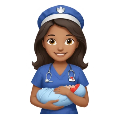 Female nurse smiling with long dark wavy hair with medium brown skin and brown eyes holding one new born with navy blue short sleeves sticker