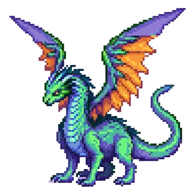 mystical wyrm with a long tail and large wings, colored green, blue, and purple sticker