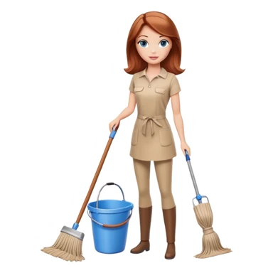 A Barbie girl with blue eyes, shoulder-length reddish-brown hair, made-up, and beige clothes stands with a mop and bucket sticker