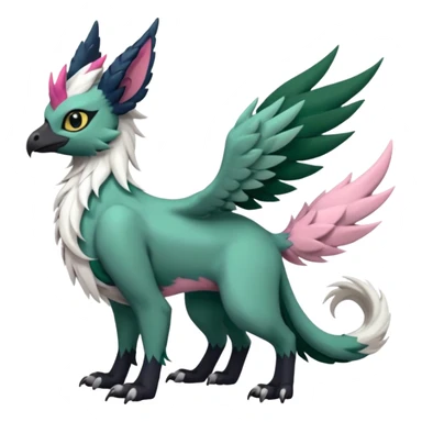 Dark-deep-Emerald-green gryphon-Trico-Nargacuga-Absol-Leafeon-Sprigatito-Silvally-fusion-hybrid with a long tufted tail, black beak, pink accents, black claws, black tail, majestic, realistic, furry (full body) sticker