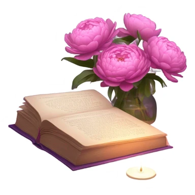 A still-life painting style: a violet book with a bouquet of pink daisies and dark pink peonies, candlelight illuminating the scene. sticker