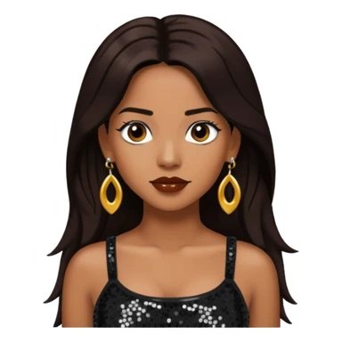 Chilli from TLC with long dark brown hair, black sequin crop top, black earring sticker