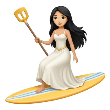 Bride black long hair holding her phone and long shovel with another hand. Under her feet, there is one surfing board. sticker