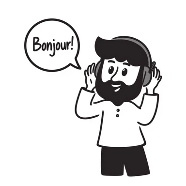 Anime-style character saying "Bonjour!", with black hair, brown eyes, black beard, wearing gaming headphones, Japanese animation style sticker