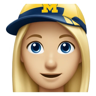 Blonde girl with blue eyes smiling wearing University of Michigan ball cap sticker