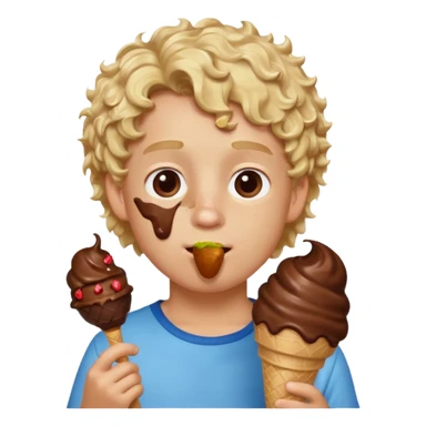 boy blonde curly hair, chef, eating big chocolate ice cream sticker