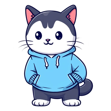 black and white cat wearing light blue sweatshirt sticker