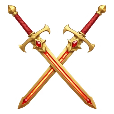 Two crossed swords that are golden in blade and handle and have fiery and royal appearence to them as well as red gem stones sticker