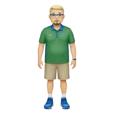 Full Body white male plus size wearing glasses with a goatee with light blonde and gray very short hair mad basketball head Coach in blue and green wearing Nike polo sticker