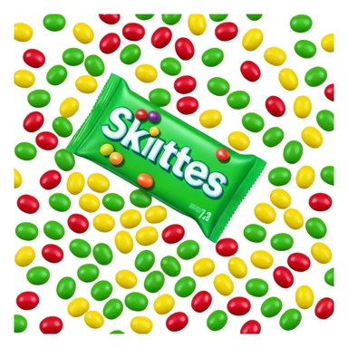 A pile of green Skittles candies next to a colorful Skittles package. Simple minimalist design. sticker
