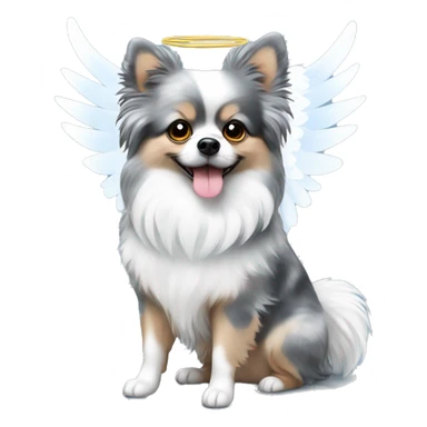 Blue Merle Pomeranian  with white angel wings and halo sticker