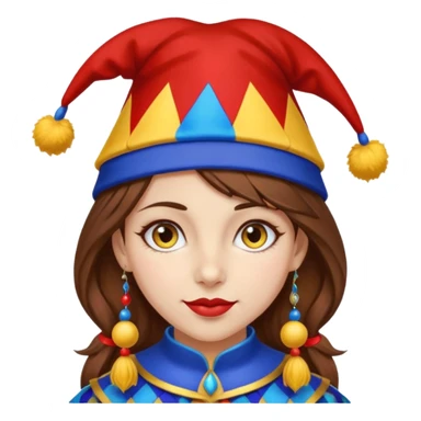 a girl with brown hair a blue and red jester hat with yellow pom pom's at the tip of the jester hat her eyes a patren of red and blue  sticker