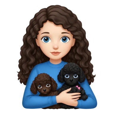 Brunette girl with long wavy hair and blue eyes holding one black puppy poodle with brown eyes. No decoration on the dog.  sticker