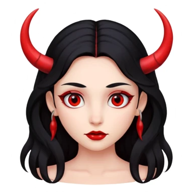 A girl's face with cheekbones, completely red skin, long black hair, small red horns, and red eyes. sticker