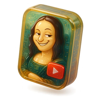 Mona Lisa with a playful sarcastic grin, red YouTube play button, glossy circuit style sticker