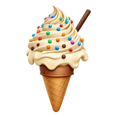 Cinematic scoop of rich, creamy ice cream, slightly melting, smooth swirls of chocolate and vanilla, colorful sprinkles on top, warm glowing background, playful and inviting. sticker