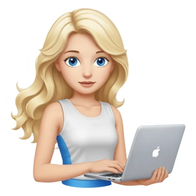 3D Apple-style emoji of a blonde woman whits long wavy hair, with bright blue eyes,
wearing a white sleeveless top,
holding a silver laptop,
clean white background, smooth rounded design
 sticker
