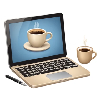 Laptop on the beige table, coffee and notebook sticker