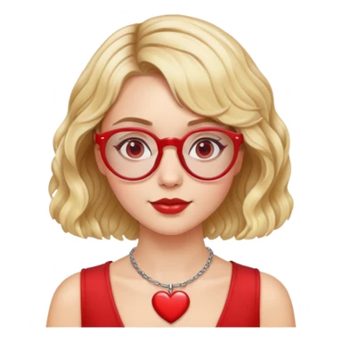 white girl head with short wavy blonde bob hair, red round glasses, heart necklace sticker