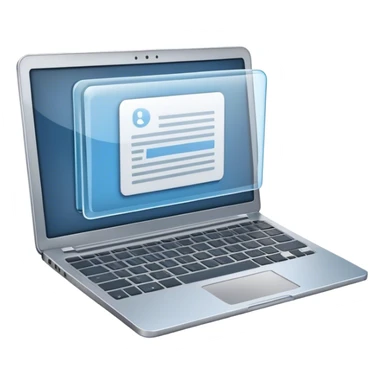 Create an emoji representing blogging. The design should feature an open laptop or tablet with a visible blog post on the screen. Use professional colors like blue, gray, and black. Make the background transparent. sticker