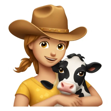 Mother cow hugs her daughter and puts a cowboy hat on her head sticker