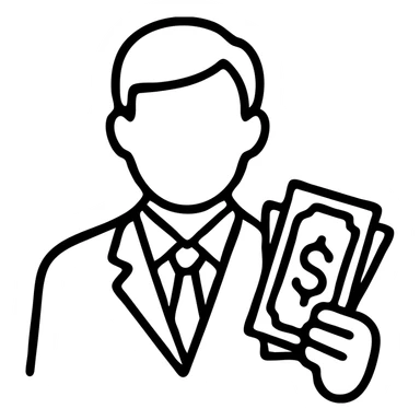 Business man holding dollar bills, wealthy person with cash sticker