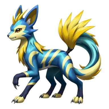 Feral Scaly Striking Slaying Badass Evil Handsome Lightning-patterned Zig-zagged buzzy fuzzy Meloetta-Renamon-Zeraora-Luxray-Cobalion-Suicune-Vernid-fusion-hybrid-creature, full body  sticker