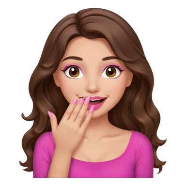 girl with long wavy brown hair, brown eyes, long lashes makeup, pink lips, light to medium complexion, pink sexy top, smiling, hand covering the mouth, giggling sticker