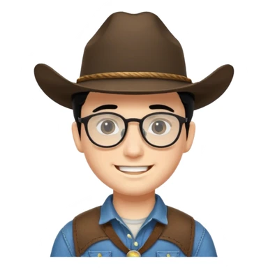 Smiling boy with cow boy hat and black hair  . With chin strap and black glasses  sticker