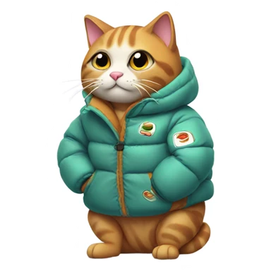 cat wearing a puffy jacket eating sushi sticker