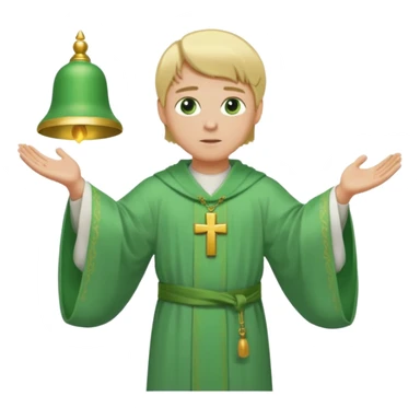 a priest, green eyes, blonde hair, light green wide, flowing, bell-shaped outer robe. opening arms, gazing thoughtfully. Soft light, subtle fern. Waist-up, profile. sticker
