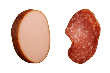 fettine di prosciutto cotto e di salame fluttuano in aria verticalmente, IPERREALISTICA 4K sticker