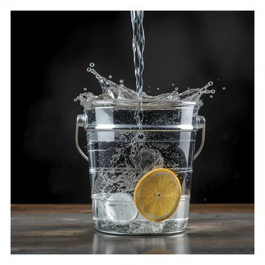 realistic water bucket with metallic shine and water, high detail, photorealistic sticker