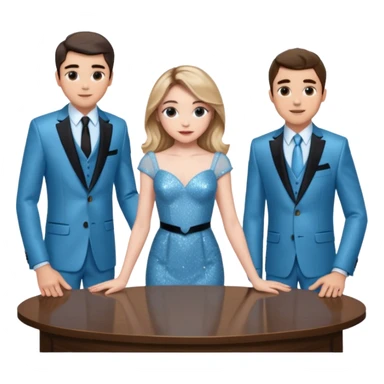 Sabrina carpenter in a light blue sparkly dress at a table with 3 handsome men, and she is standing up reaching over  sticker