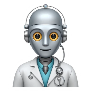 robot with a doctor's coat and a stethoscope sticker