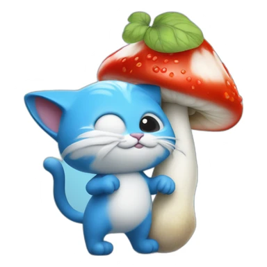 blue smurf cat with a white mushroom fungai hat also with berries on his back and a stick poking into the berries with a snail poked into it sticker