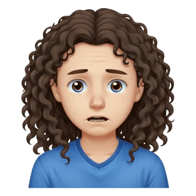 white young long dark brown CURLY hair, with a blue shirt, in despair crying, brown eyes, septum nose piercing sticker