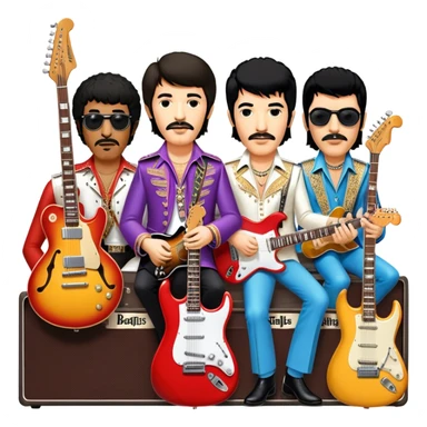 Rock music icon: dynamic collage of global rock legends like The Beatles, Jimi Hendrix, Elvis Presley, Freddy Mercury and Curt Cobane, surrounded by guitars, amplifiers, and stage lights. Symbolizing the energy and power of rock music. Transparent background. sticker