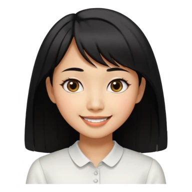 30 yr old asian woman center parted hair big eyes big smile tanned skin straight black hair hippie part hair white blouse shoulder length hair middle parted hair few short bangs at front sticker