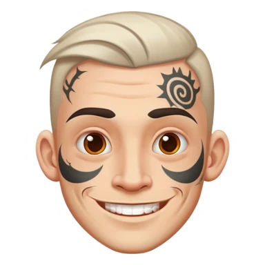 white man with bold face tattoo, happy face sticker