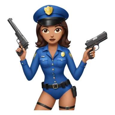A sexy girl. with caramel skin. Dark brown hair and brown eyes. She has freckles. Wearing sexy makeup. Dressed as a sexy cop. wearing lingerie and heels. Holding a gun sticker