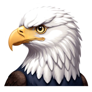 Cinematic Noble American Eagle Portrait Emoji, Poised and regal, with a powerful, broad build, a distinctive white-headed silhouette contrasting a dark, formidable body, and piercing, intense eyes, Simplified yet sharp and sophisticated features, highly detailed, glowing with a soft, majestic radiance, high shine, intelligent and commanding, stylized with an air of national pride, focused and vigilant, soft glowing outline, capturing the essence of a watchful and confident American eagle that appears ready to soar out of the screen with effortless authority! sticker