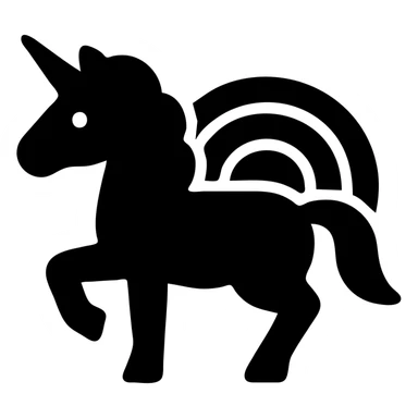 A unicorn in a black filled icon style, with a rainbow. sticker